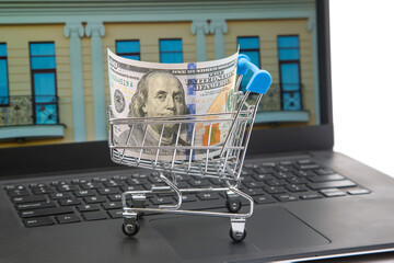 Model of a grocery cart with dollar money on the background of a laptop. Online business sale....