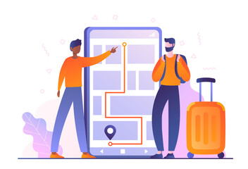 Traveling with colleagues. Men with backpack and suitcase near smartphone screen. Tourists on vacation look at route on map. Navigation and geolocation, GPS. Cartoon flat vector illustration