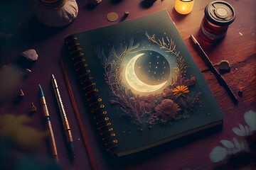 Crystal healing and crescent moon magic: dream journal, soy wax candle, pen, and spa stones on dark paper - Generative Ai