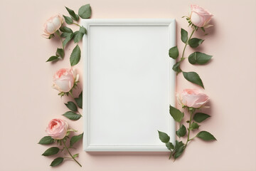 Beautiful empty or blank white frame mockup, frame photo with pink rose flowers, Birthday, Valentine's Day, Wedding, Holiday, Generative AI.