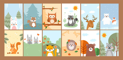 Animals banners set. Collection of posters with forest and arctic dwellers. Rabbit, owl, fox, squirrel and polar bears. Wolf and deer. Cartoon flat vector illustrations isolated on brown background © Rudzhan