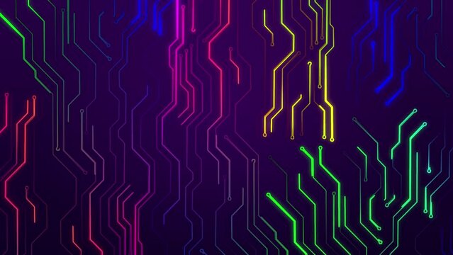 Fondo de tecnolog&iacute;a abstracta animada. datos, concepto de alta tecnolog&iacute;a. l&iacute;neas de circuitos, multicolor espacio virtual. Dise&ntilde;o de gr&aacute;ficos de movimiento de animaci&oacute;n, metraje tel&oacute;n de fondo.