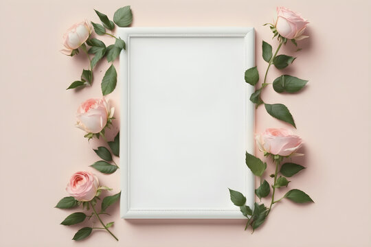 Beautiful empty or blank white frame mockup, frame photo with pink rose flowers, Birthday, Valentine's Day, Wedding, Holiday, Generative AI.