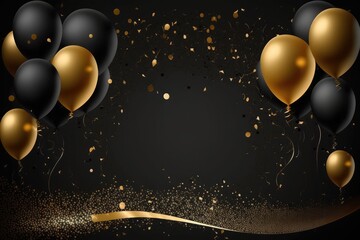 Greeting banner or poster with gold and black realistic 3d vector flying balloons Generative AI
