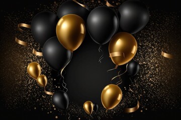 Greeting banner or poster with gold and black realistic 3d vector flying balloons Generative AI