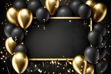 Greeting banner or poster with gold and black realistic 3d vector flying balloons Generative AI