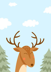 Brown deer in forest banner. Animal with horns against blue sky and trees. Fauna and flora, wild life and mammal. Graphic element for website. Cartoon flat vector illustration