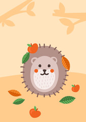 Grey hedgehog in forest banner. Animal with needles sits next to red foliage and apple. Nature and fauna, wild life and biology, zoology. Cartoon flat vector illustration