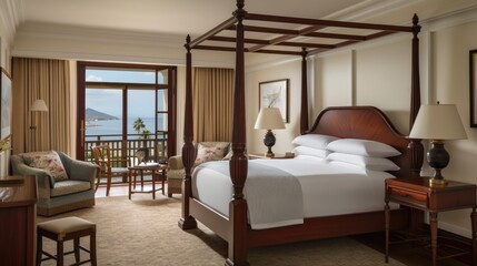 Fototapeta na wymiar A romantic hotel room with an ocean view. Bedroom interior design idea. Generative AI illustration.
