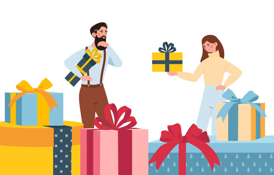 Characters preparing presents. Man and woman with gift boxes. Happy young couple buys goods in store. Holiday discounts and promotions, special limited offer. Cartoon flat vector illustration