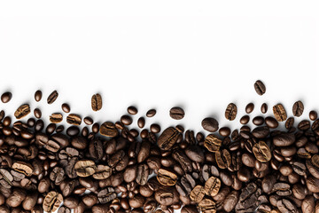 Roasted coffee beans on white background with copy space. Created with Generative AI Technology