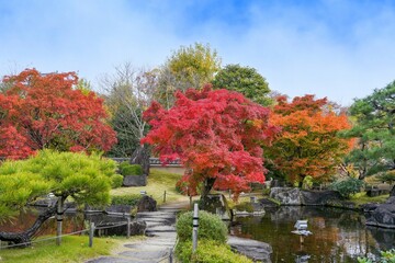 Obraz premium 日本庭園のちょうど見頃のカラフルな紅葉情景＠兵庫
