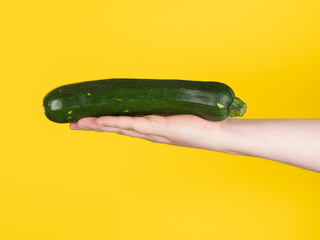 A male hand holds a big,fresh, green zucchini. Eating healthy is possible for everyone. Yellow background, no face.
