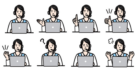 ラップトップの前に座っているオペレーターの若い女性のジェスチャーのセット
