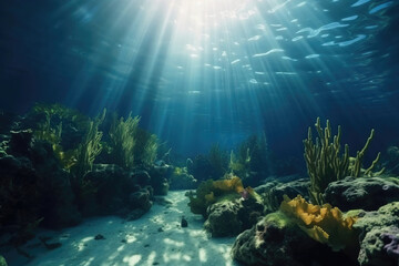Fototapeta na wymiar underwater scene with coral reef and fishes. generative AI