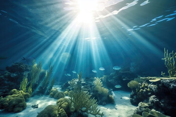 Naklejka na ściany i meble underwater scene with coral reef and fishes. generative AI