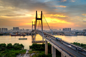 Fototapeta na wymiar Phu My bridge in the beautiful twilight sunset in Sai Gon city, Viet Nam.