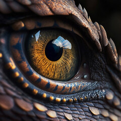 A dragon's eye is shown with a mountain in the background Generative ai