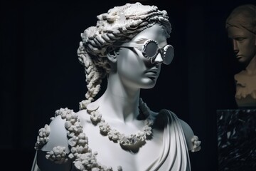 Sculpture of greek goddess Aphrodite head in glasses. Creative. Generative AI.