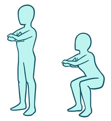 スクワットする人、人型、青