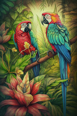Drawing of a South Amnerican jungle with colorful flowers and macaw birds..  Generative AI.