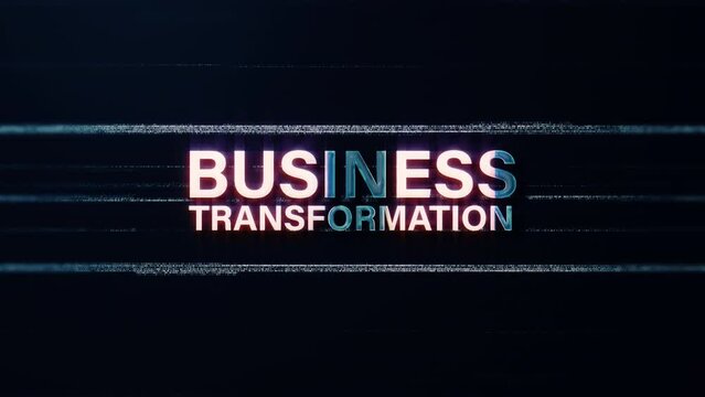 Business Transformation text word gold light animation loop with glitch text cinematic title effect abstract background. 