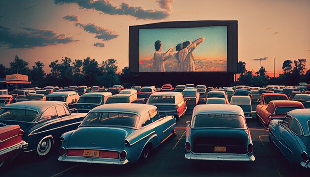 American drive-in with cars lined up in multiple rows, occupants watch a movie on a giant screen. Generative AI. Digital Art Illustration	