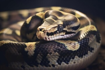 Curled Up Ball Python Displaying Its Unique Patterns, created with Generative AI technology
