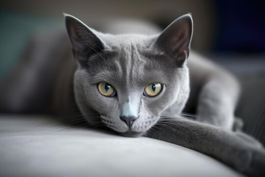 Graceful Russian Blue Cat with Mesmerizing Eyes, created with Generative AI technology