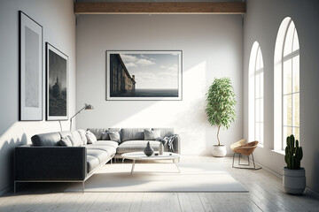 Stylish,modern living room interior with designer furniture and ornaments. Picture frames. Generative AI, Generative, AI
