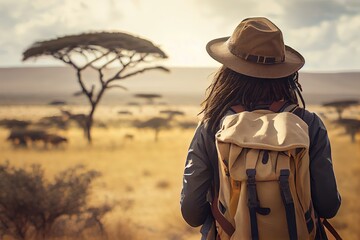 Fototapeta premium Back view of a tourist travelling in Africa, AI generative