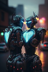 Robots in love in cyber city in a rain, AI generative