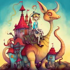 a child riding a fantasy dragon, castle, children's book, ai generative 