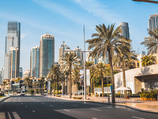 Fototapeta na wymiar Below Skyscrapers view in Downtown Dubai, business and finance district, UAE