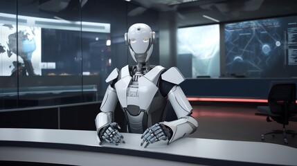 A robot newscaster sitting behind a desk, Artificial Intelligence, futuristic, generative ai  