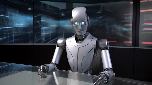 A robot newscaster sitting behind a desk, Artificial Intelligance, futuristic, generative ai  