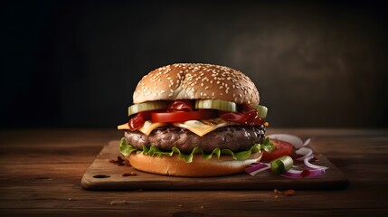 Delicious hamburger on wooden background composition