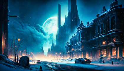 A fantasy futuristic city in winter, snow, sunset - generative AI