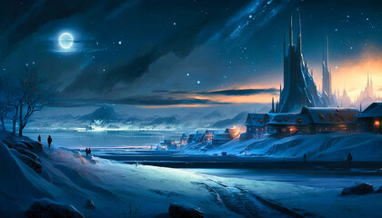 A fantasy futuristic city in winter, snow, sunset - generative AI