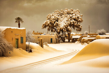 Snow on an arabian village in the desert, climate disorder - generative ai