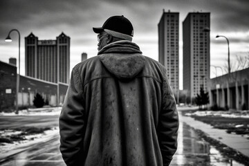 Naklejka premium A man facing Detroit's cityscape by a snowy winter - generative ai