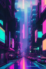 a city in futuristic, colored like neon, many people on the streets and vehicles, digital-art, Generative AI