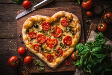 Heartshaped Homemade Pizza Topped with Tomatoes and Fresh Basil - Generative AI