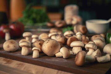 Mushrooms on a Wooden Chopping Board - Generative AI