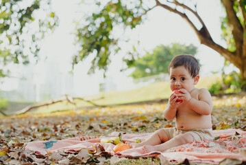 Baby eating an apple at the park