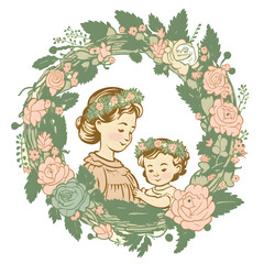 Vintage Suburban Scene of Mother and Child on Porch Swing with Round Floral Wreath. Happy Mother's Day Transparent PNG