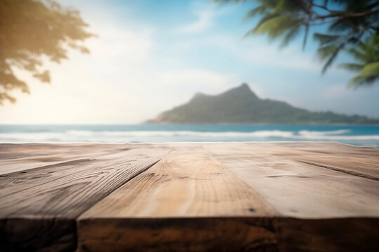 flat wood tabletop with beach and isolated island background. Generative Ai image for product showcase mockup