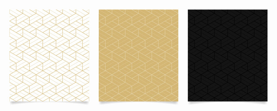 Set of geometric seamless patterns. Linear hexagon pattern on white, gold, and black background.