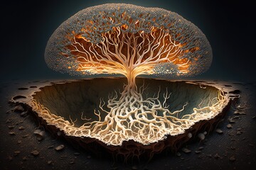 Fungi and Mushroom Glowing Mycelium Network - Generative AI 