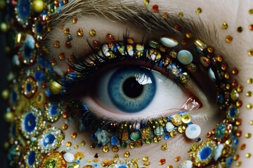 Jewel Encrusted Eye. Vivid blue eye surrounded by sparkling jewels - Generative AI